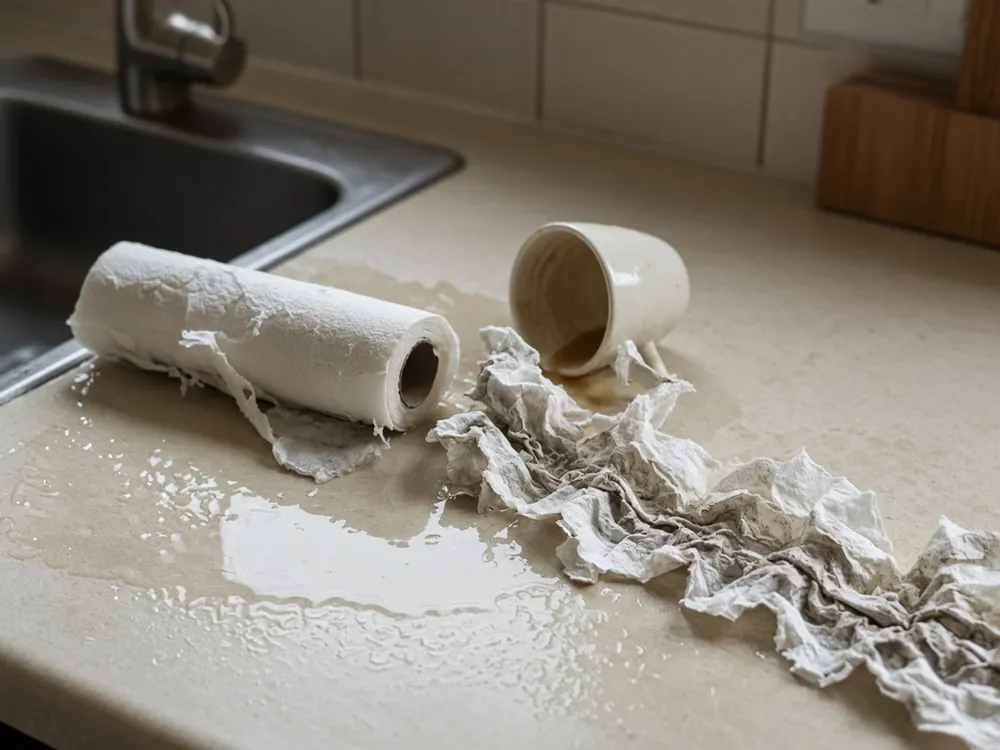 A soggy paper towel roll on a wet counter