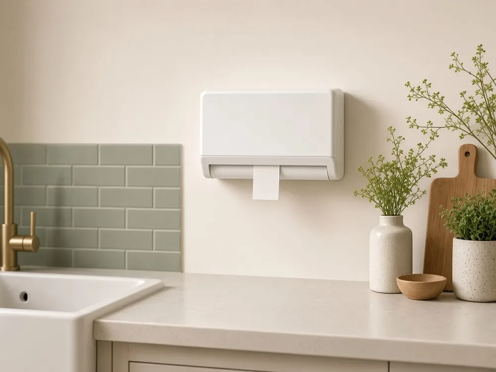 Wall-mounted Z-fold towel dispenser with one towel tab showing